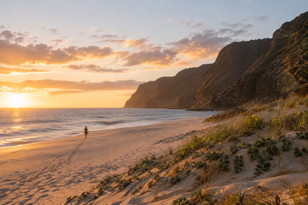 A quiet west-side beach at golden hour with empty sand and calm water