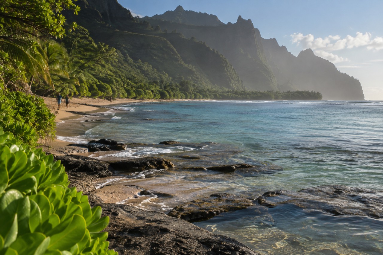 Calm turquoise water along a green Kauai shoreline in early morning light