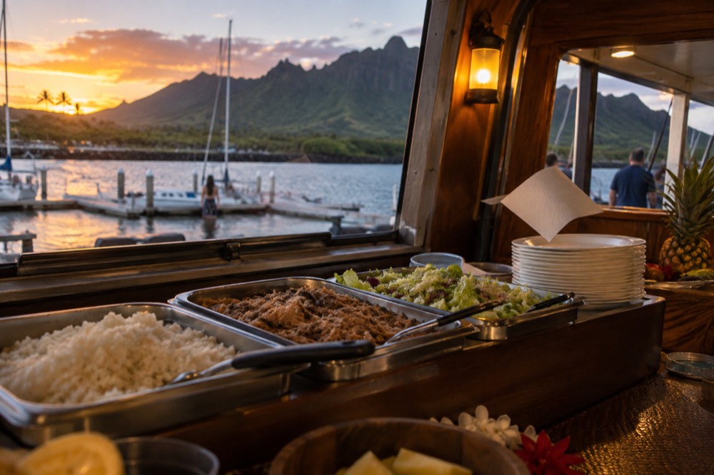 A buffet dinner set out on a boat cabin counter in warm evening light
