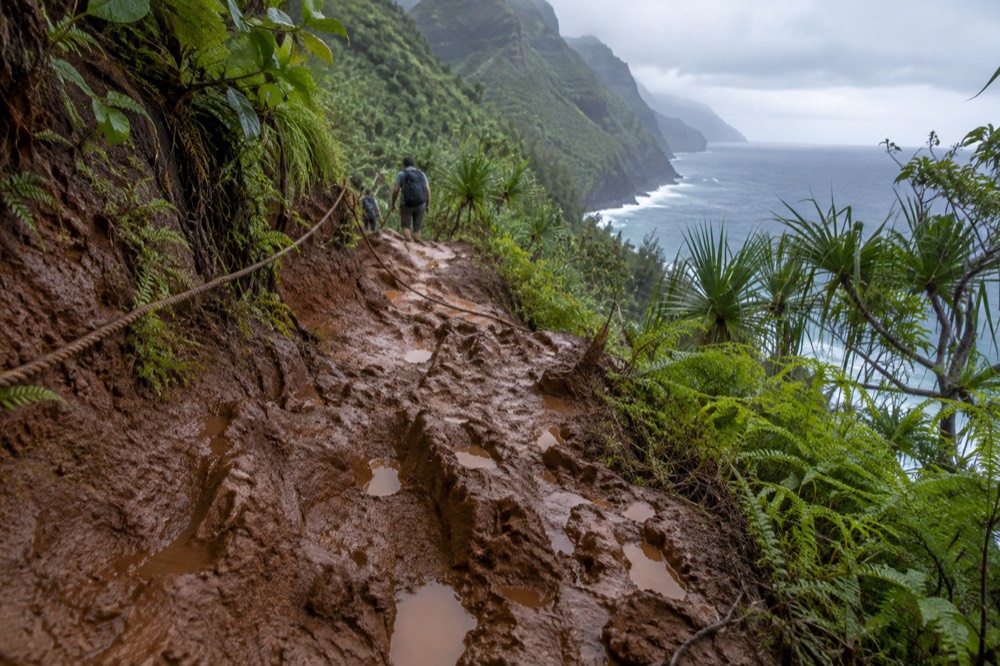 A deeply eroded red dirt trail cut into a steep forested hillside
