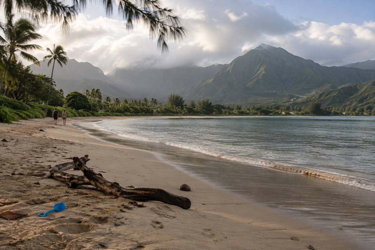 A long crescent beach curving between green mountains and a calm bay