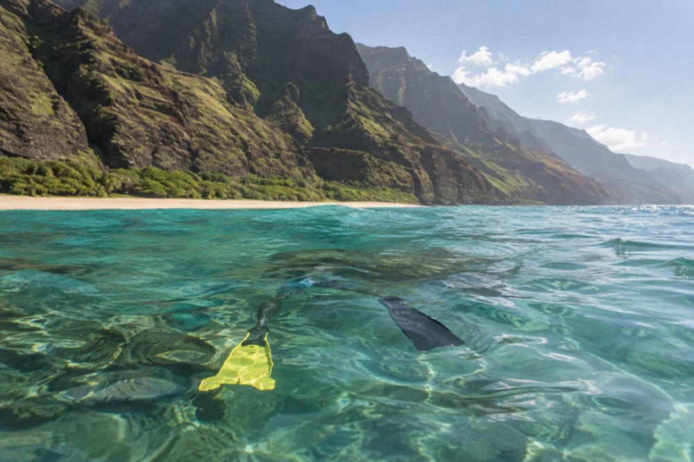 Bright yellow snorkel fins floating beside darker gear in clear turquoise water