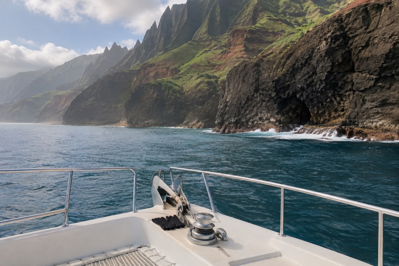 A catamaran cruising along the green sea cliffs of the Napali Coast on a calm morning