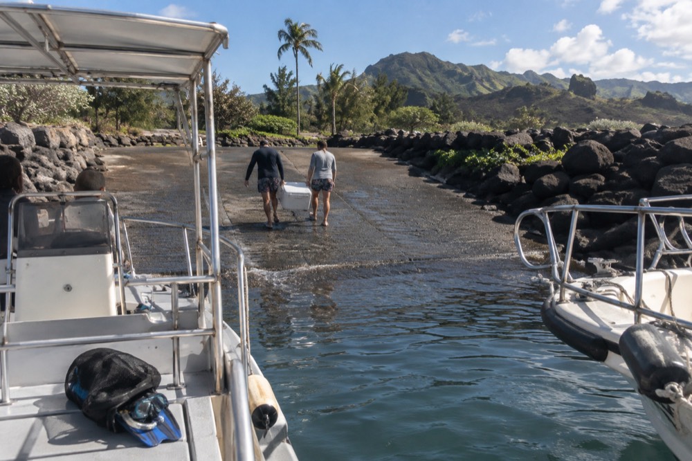 A busy small boat harbor on Kauai's west side with tour boats at the dock