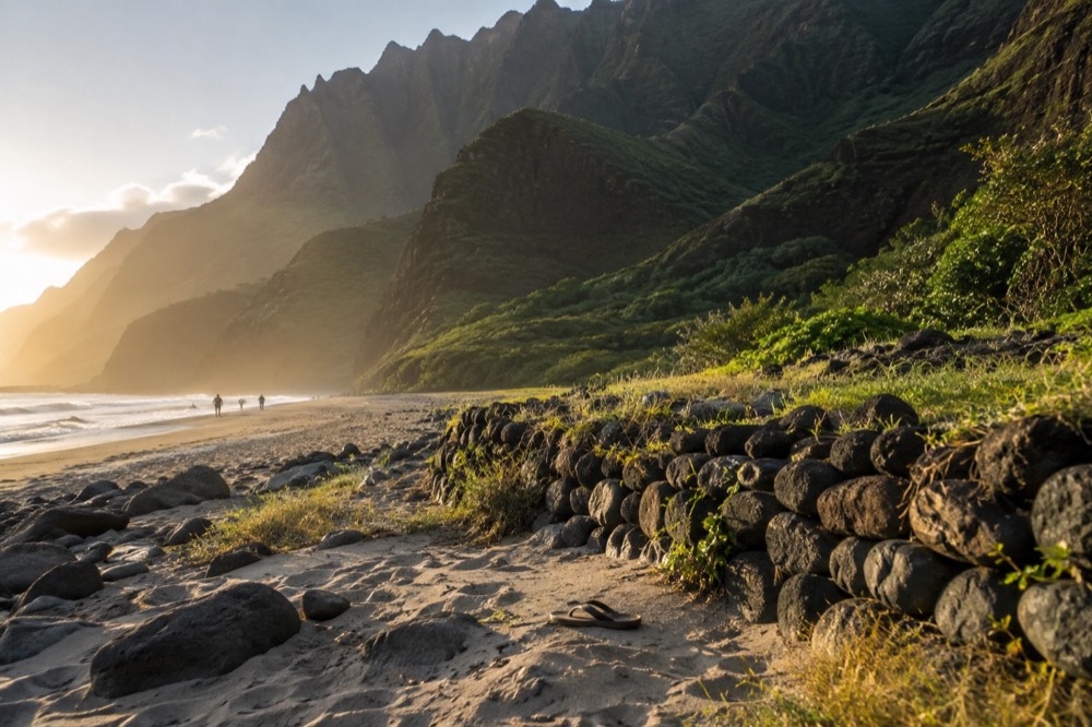 A shallow sandy beach at the base of steep green cliffs with a stone terrace visible nearby