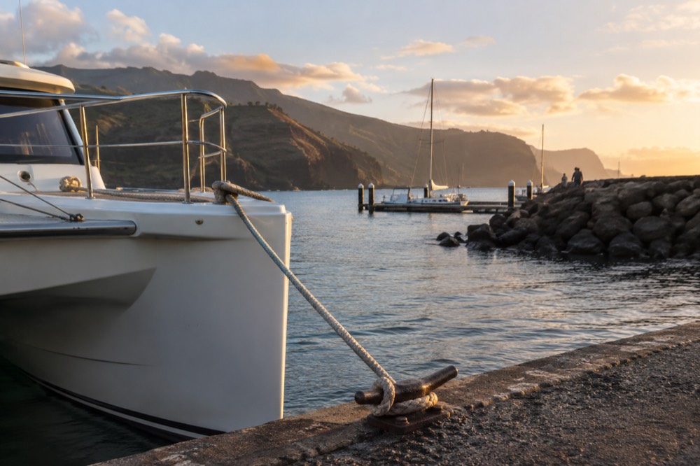 Close on a power catamaran's bow line looped over a rust-flecked cleat as an evening departure forms up at Port