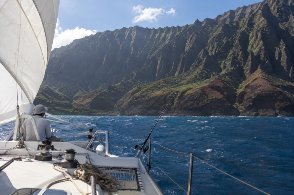 A sailing catamaran with raised sails cruising along a green cliff coastline
