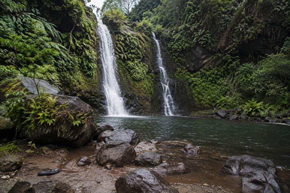 Twin waterfalls dropping into a jungle pool surrounded by dense green forest