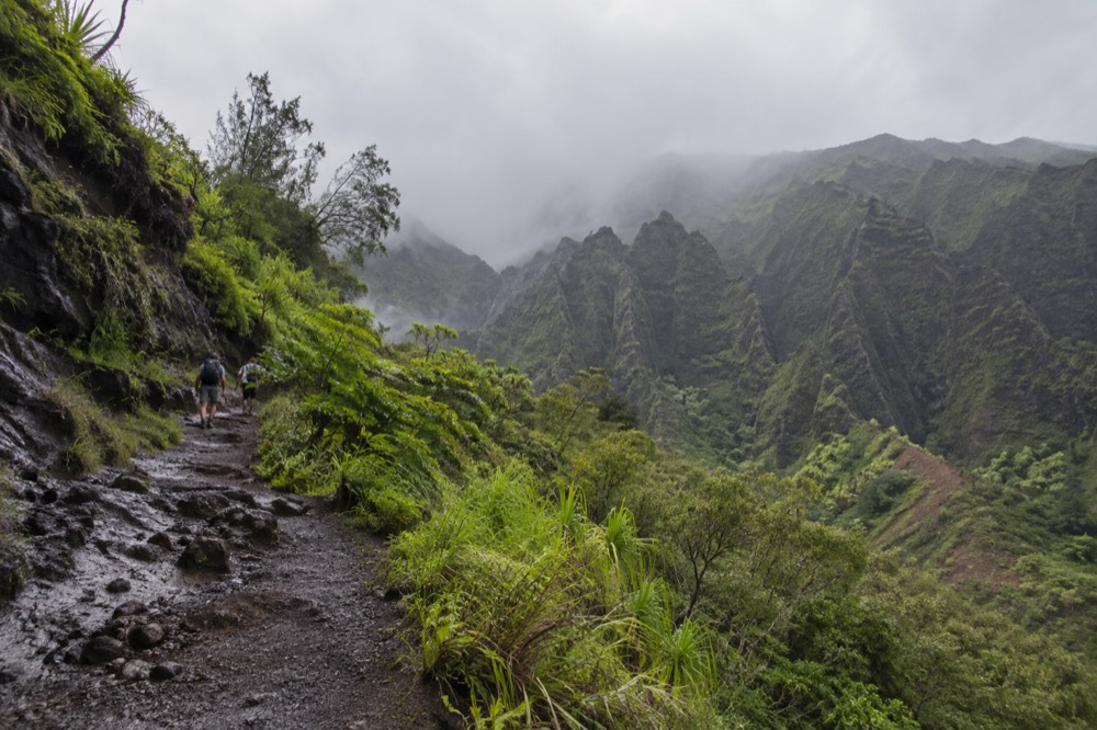 Looking up the steep, guardrail-free ascent toward the canyon rim at Napali Coast